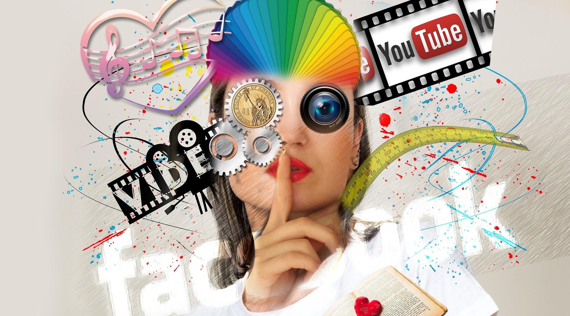 regras de publicidade para influencers - arte gráfica com diversos elementos, contento um mulher fazendo um sinal de silêncio com diversos logos de redes sociais, apelta de cores, produtos diversos etc.