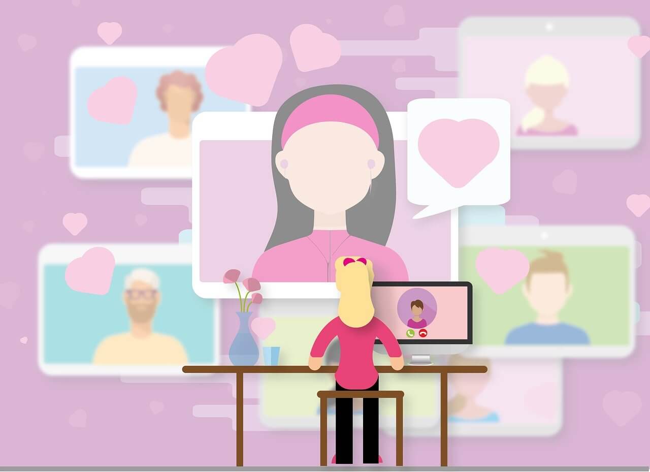 Seguidores podem processar influencers - montagem de inforgráfico em tons de rosa, de uma moça mexendo em um computador e se comunicando com vários perfis