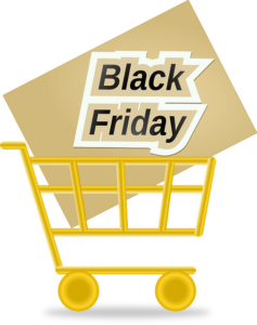 Black Friday - ilustração de um carrinho de compras amarelo, com uma grande caixa dentro dele, com os dizeres "black friday"