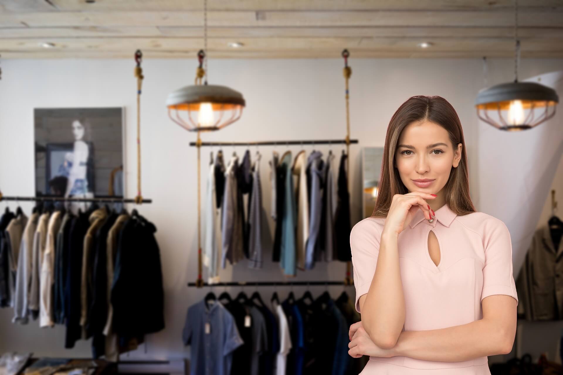 Como abrir uma empresa 1 - imagem de uma mulher branca, usando uma blusa rosa, à frente de uma loja com gôndolas com roupas masculinas