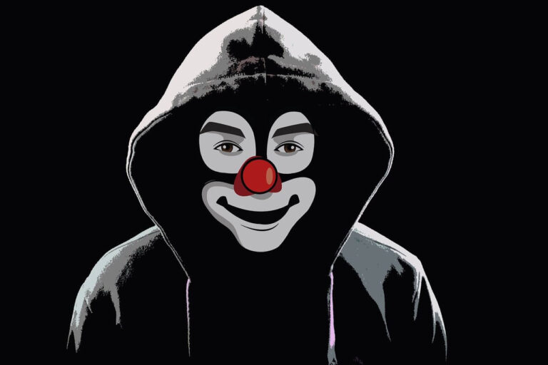 Cyberbullying 1 - ilustração de um palhaço usando uma balaclava e um capuz em um fundo escuro