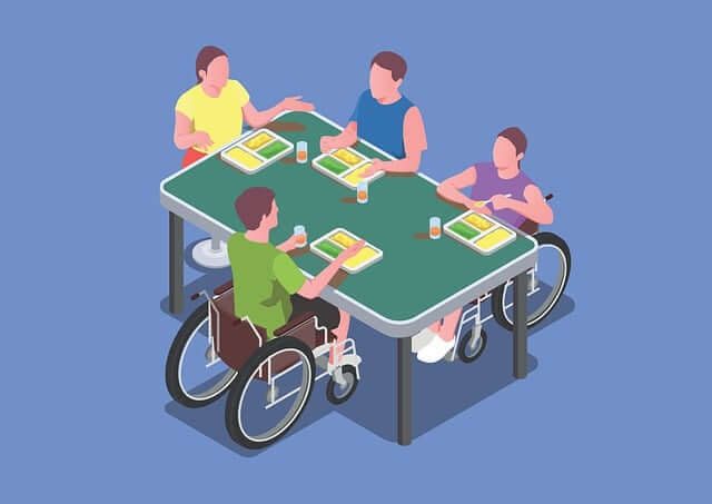 Falta de acessibilidade 4 - ilustração de uma reunião com quatro pessoas, duas delas, em cadeira de rodas