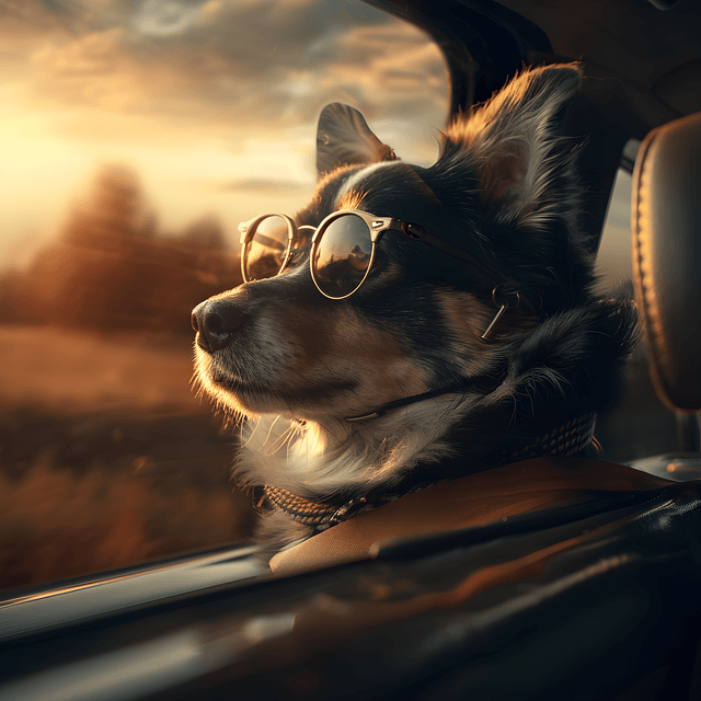 Transporte aéreo de animais 2 - Imagem de um cão usando óculos dentro de um carro, olhando uma estrada ao entardecer